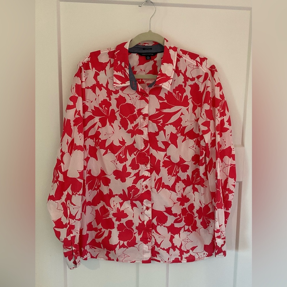 Tommy Hilfiger Bright Pink & White Hawaiian Print Button Blouse Size XL